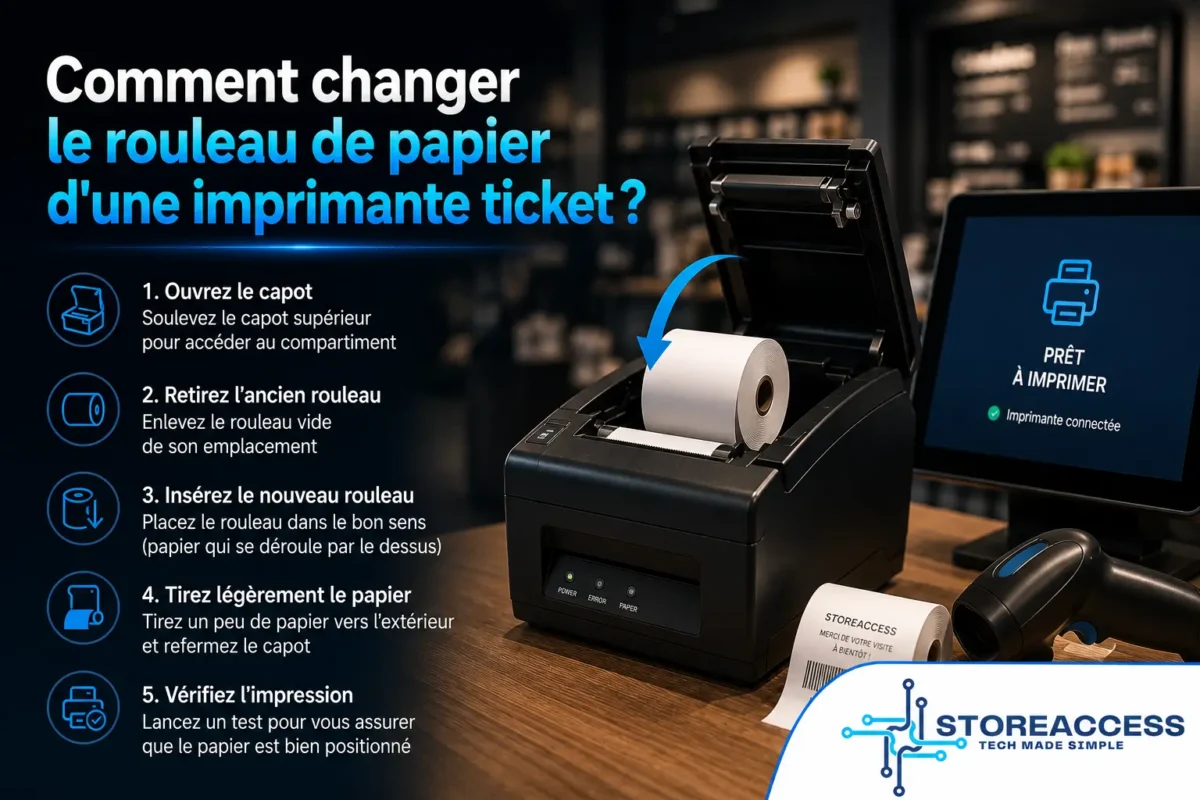 changer le rouleau de papier d'une imprimante ticket